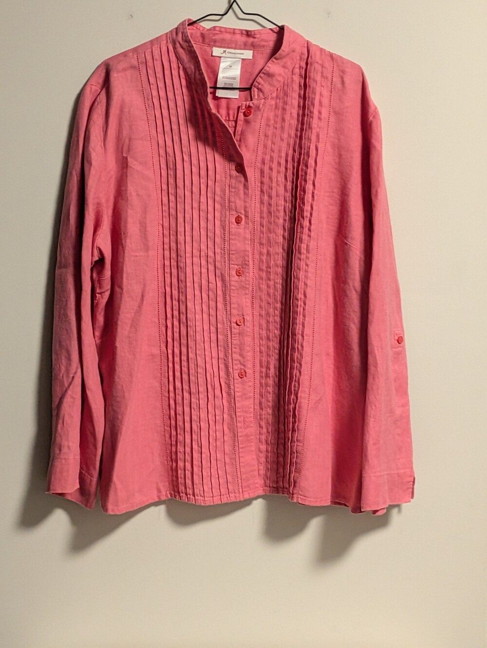 JM Collection Yellow Linen Button Up Blouse Size 18 Puntucks. Tie Up Sleeves.
